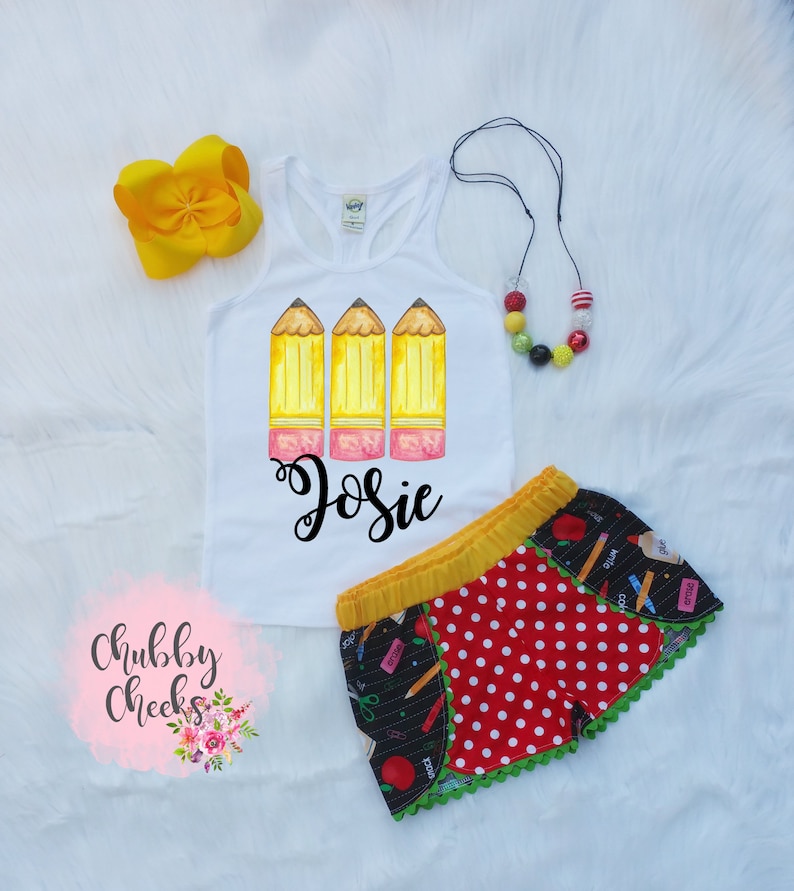personalized school shirt Girls back to school outfit pencils school outfit first day of school school outfit school supplies shorts