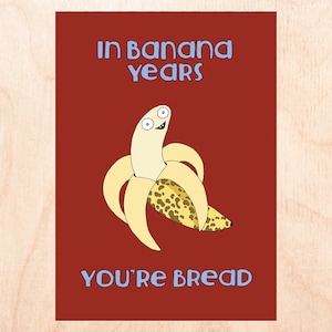 BANAAN JAAR - grappige verjaardagskaart - bananenbroodkaart - in bananenjaren ben je brood geïllustreerde verjaardagskaart - volwassen verjaardagshumor