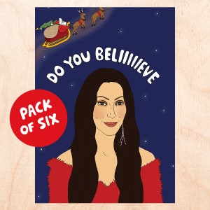 BELIIIIEVE Six Pack - Paquete de tarjetas navideñas divertidas - Paquete de tarjetas de cultura pop - Tarjetas navideñas de los años 90 - Tarjetas navideñas de los años 00 - Vacaciones de celebridades