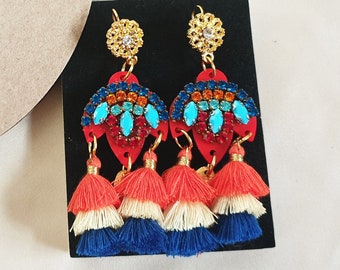 Long Tassel Earrings | Summer Earrings, Laser Cut Earrings, Gift for Her, Lightweight Acrylic Dangle Earrings, Turquoise Gold and Red