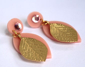 Blush Pink and Gold Earrings | Statement Gold Leaf Earrings, Swarovski Crystal Dangle Earrings, Laser Cut Acrylic Earrings, Plexiglass