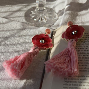 Pink Floral Tassel Earrings Long Tassel Earrings, Pink Rose, Swarovski Crystal, Lightweight Statement Earrings, Unique Gift for Her image 1