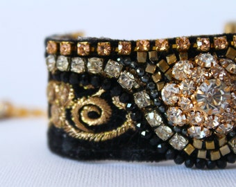 Statement Boho Cuff Bracelet - Gold and Black Beaded Cuff - Modern Bohemian Luxury - Swarovski Rhinestone - Crystal Pendant Bracelet