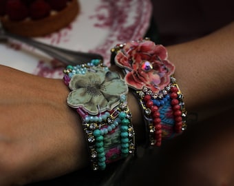 Pastel Floral Bracelet, Mint Green and Pink Flower Cuff Bracelet, Swarovski Crystal Rhinestone, Bohemian Cuff, Statement Bracelet
