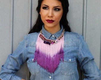 Purple Ombre Fringe Necklace; Boho Chic Festival Jewellery; Violet Tassel Necklace; Chunky Bohemian Necklaces; Statement Costume Jewelry