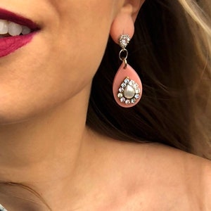 Beautiful Pink Acrylic Earrings Blush Pink Earrings, Japanese Pearl, Swarovski Crystal, Modern Bridal Jewelry, Laser Cut Earrings image 1
