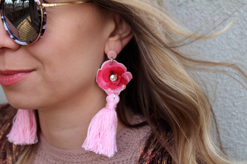 Pink Floral Tassel Earrings Long Tassel Earrings, Pink Rose, Swarovski Crystal, Lightweight Statement Earrings, Unique Gift for Her image 2