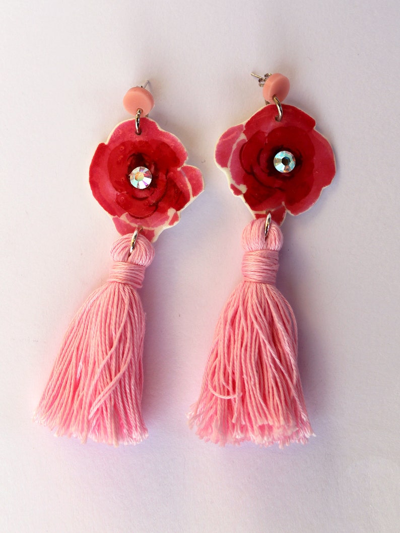 Pink Floral Tassel Earrings Long Tassel Earrings, Pink Rose, Swarovski Crystal, Lightweight Statement Earrings, Unique Gift for Her image 6