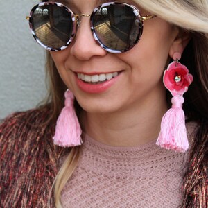 Pink Floral Tassel Earrings Long Tassel Earrings, Pink Rose, Swarovski Crystal, Lightweight Statement Earrings, Unique Gift for Her image 5