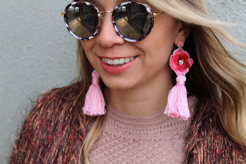 Pink Floral Tassel Earrings Long Tassel Earrings, Pink Rose, Swarovski Crystal, Lightweight Statement Earrings, Unique Gift for Her image 5