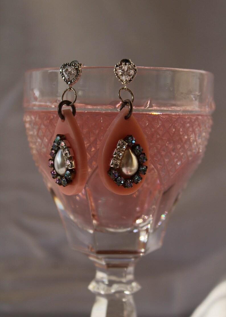 Beautiful Pink Acrylic Earrings Blush Pink Earrings, Japanese Pearl, Swarovski Crystal, Modern Bridal Jewelry, Laser Cut Earrings image 4