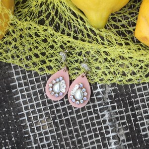 Beautiful Pink Acrylic Earrings Blush Pink Earrings, Japanese Pearl, Swarovski Crystal, Modern Bridal Jewelry, Laser Cut Earrings image 7