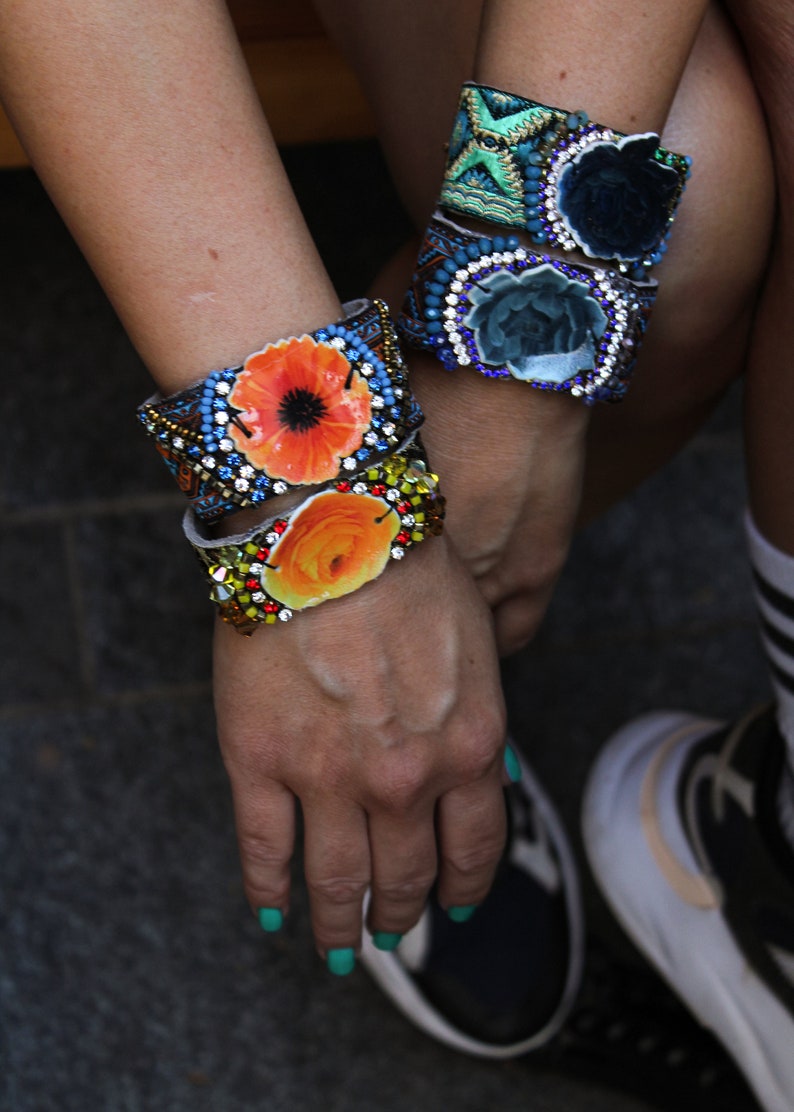 Yellow Floral Cuff Bracelet, Honeycomb Yellow Rose Cuff, Statement Bracelet, Swarovski Rhinestone Friendship Cuff, Boho Gift for Her image 3