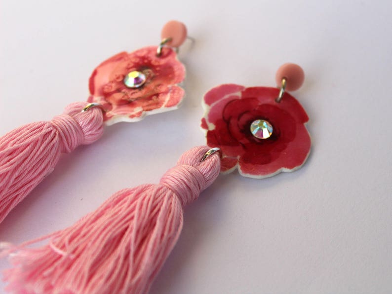 Pink Floral Tassel Earrings Long Tassel Earrings, Pink Rose, Swarovski Crystal, Lightweight Statement Earrings, Unique Gift for Her image 8