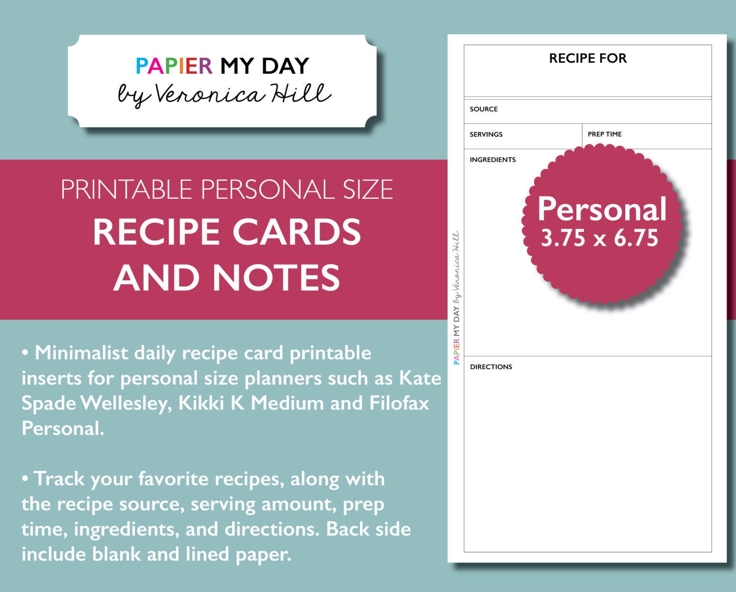 Personal Filofax Recipe Card Printable Recipe Cards for - Etsy