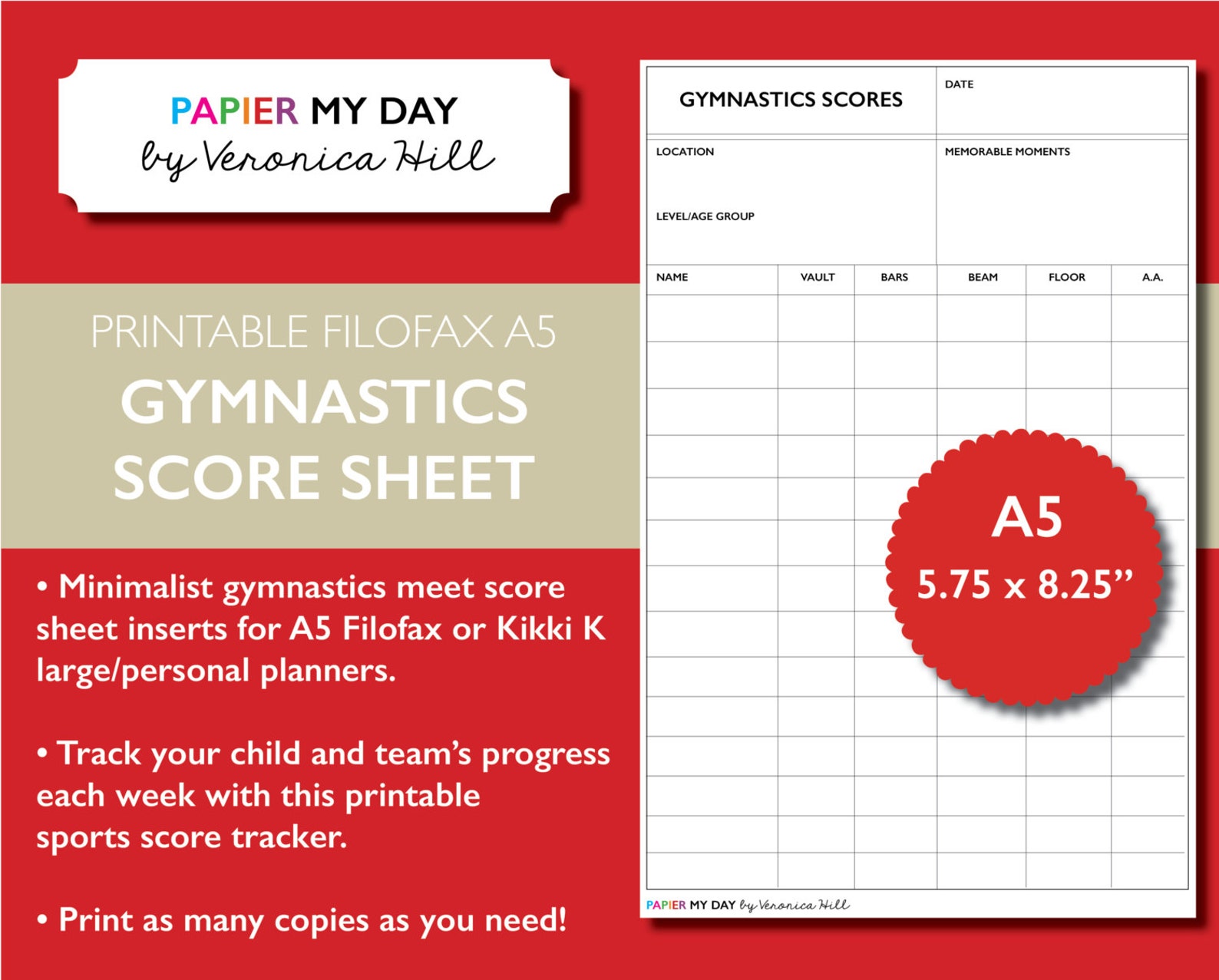 Printable A5 Filofax Gymnastics Score Sheet Gymnastics Score Etsy