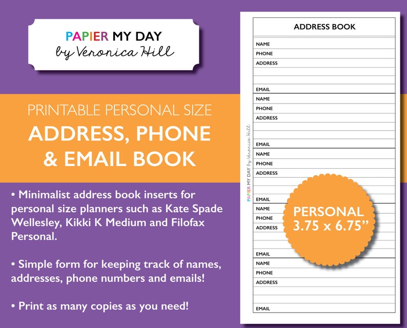 Personal Filofax Address Book Printable Address Book for - Etsy