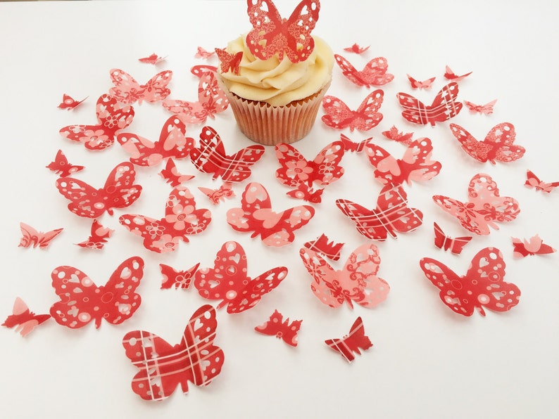 48 Edible Poppy Heaven Heart Detail Butterfly Wafer Cupcake Toppers Precut