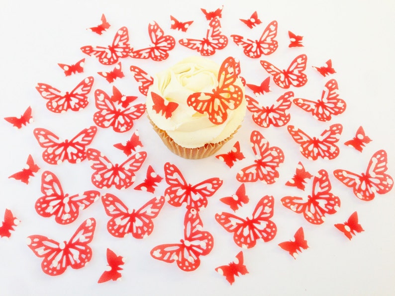 48 Edible Red Polka Butterfly Wafer Cupcake Toppers Precut