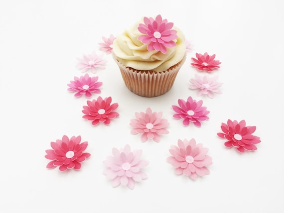 14 Edible Shades of Purple 3D Flowers Pre Cut Wafer Cupcake Toppers
