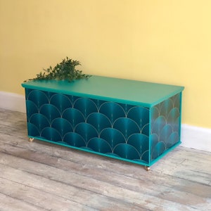 Upcycled Blanket Box Hand Painted in Teal Green Florence Art Deco Fan Decoupage Vintage Storage Trunk Seating With Gold Castor Wheels Etsy UK