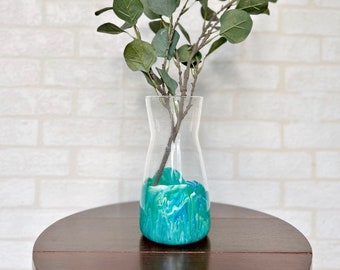 Hand Painted Vase | Marbled Paint Effect, Glass Drink Carafe, Flower Vase, Dip Dyed, Green, Blue & White