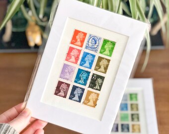 Colourful Stamp Art Mounted, Queen Elizabeth II Machin Used Postage Stamp Unframed Artwork