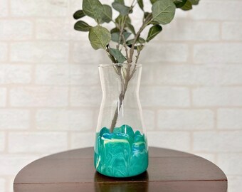 Hand Painted Vase | Marbled Paint Effect, Glass Drink Carafe, Flower Vase, Dip Dyed, Green, Blue & White