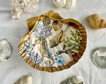 NEW Decoupaged Scallop Shell, Under The Sea, Trinket Dish, Decorative Art Shells, Jewellery Dishes, Mother’s Day / Birthday Gifts
