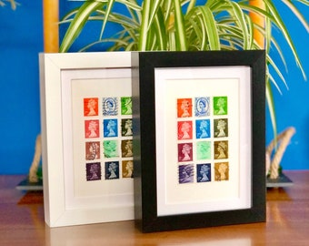 Colourful Stamp Art Framed, Queen Elizabeth II Machin Used Postage Stamp Artwork