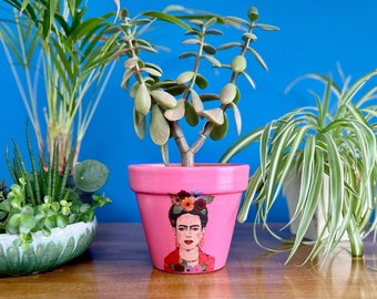 Decoupaged Frida Kahlo Terracotta Plant Pot, Hand Painted in Pink, Bright, Colourful Decorative Art Plant Pots