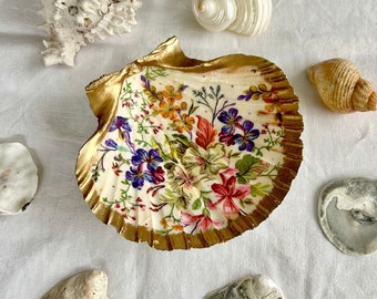 NEW Decoupaged Scallop Shell, Mixed Wild Flowers, Trinket Dish, Decorative Art Shells, Jewellery Dishes, Mother’s Day / Birthday Gifts