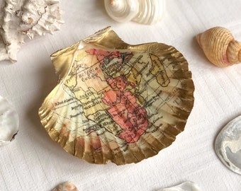 Decoupaged Scallop Shell, Colourful World Map, Trinket Dish, Decorative Art Shells, Jewellery Dishes, Mother’s Day / Birthday Gifts