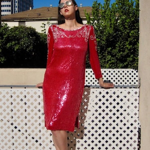 1980s Sequin Dress Red Silver Seed Bead Flower Swirl Flapper Round Neck 80s Does 20s Knee Length 100% Silksize Medium / Large bust 40 image 1