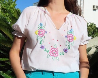 1970s Embroidered Blouse Pink Purple Blue Floral Embroidery Puff Sleeve Smocked Tie Neck Peasant Folk Top size Medium / Large - 42" chest