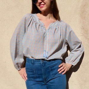 1970s Plaid Top Pastel Blue Yellow Tassel Tie Neck NWT Deadstock Flowy Blouse Oversized Fit - One Size Fits Many - 52&quot; chest / 26&quot; length