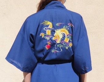 1960s Dragon Kimono Embroidered Lightweight Blue Open Front Self Belt Pink Embroidery Robe Unisex size Men's XL / Women's XXL - 48" chest