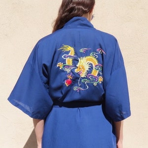 1960s Dragon Kimono Embroidered Lightweight Blue Open Front Self Belt Pink Embroidery Robe Unisex size Men&#39;s XL / Women&#39;s XXL - 48&quot; chest