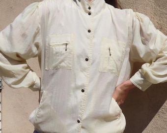 1980s Yellow Jacket Nylon Snap Front Lightweight Buttermint Pastel High Collar Windbreaker Unisex size Large / XL Extra Large - 46" chest