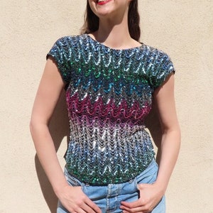 1980s Sequin Top Rainbow Pink Blue Silver Green Wavy Stripe Sequined Black Back Short Sleeve Blouse Casual Shirt size Medium - 36&quot; bust