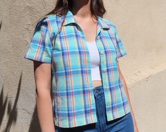 1980s Plaid Shirt Blue Orange Yellow Collared Short Sleeve Button Down Boxy Fit Preppy Casual Top Unisex size Medium / Large - 40" chest
