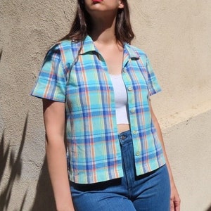 1980s Plaid Shirt Blue Orange Yellow Collared Short Sleeve Button Down Boxy Fit Preppy Casual Top Unisex size Medium / Large - 40&quot; chest