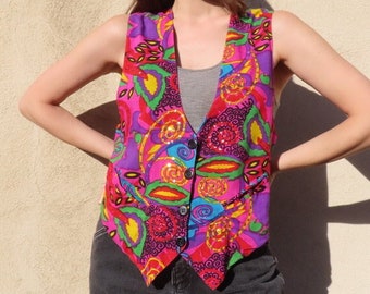 1990s Multicolor Vest Sequin Bright Geometric Swirl Fuchsia Pink Red Blue Green Purple Gold Pockets size Large - 42" chest / 25" length