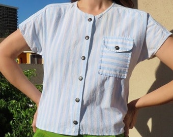 1980s Striped Top Blue White Vertical Stripe Short Dolman Sleeve Button Front Patch Pocket Preppy Blouse Shirt size Large - 42" chest