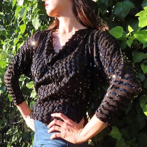 1970s Sequin Top Lace Black Cowl Neck Three Quarter Dolman Sleeve Sequined Stripe British Vintage Blouse size Medium / Large - 38&quot;+ bust