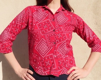 1970s Bandana Print Top Red White Button Down Front Half Sleeve Shirt Country Western Cowgirl Blouse size Medium - 40" chest / 22.5" length