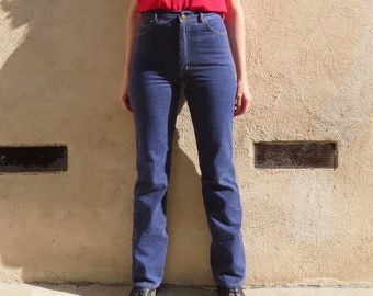 1980s Dark Denim Jeans High Waisted Straight Leg Cotton Slim Fit Sears Tall Blue Jeans size 29" waist / 39" hip / 12" rise / 34.5" inseam