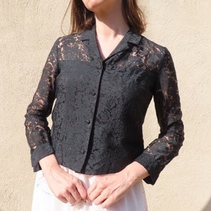 1960s Lace Jacket Black Burnout Button Down Collared Sheer Shoulder Floral Pattern Boxy Fit Blouse Top size Small - 38&quot; chest / 21.5&quot; length