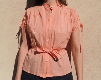 1970s Creamsicle Orange Blouse Short Tie Sleeve High Band Collar Embroidered Button Front Top size Medium / Large - 48" chest / 25" length