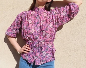 1980s Floral Blouse Pink Purple Flower Print Button Front Waist Tie Flowy Bohemian Full Half Sleeve High Band Collar Top size Large bust 46"